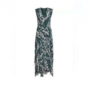 BCBG MaxAzria Floral Green Handkerchief Sleeveless Midi Dress Size XXS